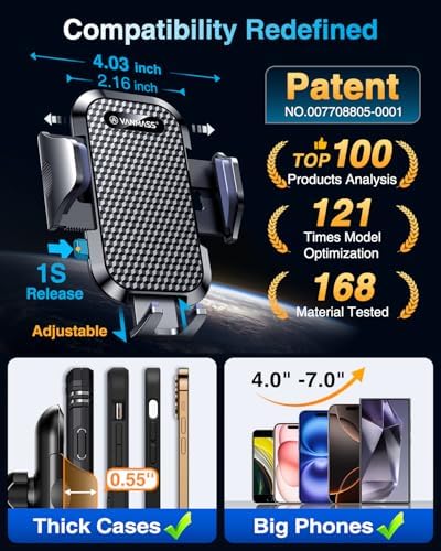 VANMASS Car Phone Holder 2026 Ultimate Military-Grade Strongest Suction & Clip Windshield Dashboard【Newest Best Strongest】 Cell Phone Automotive Dash Gauge Accents for iPhone 18 Pro Max 17 16 15 14 - Image 6