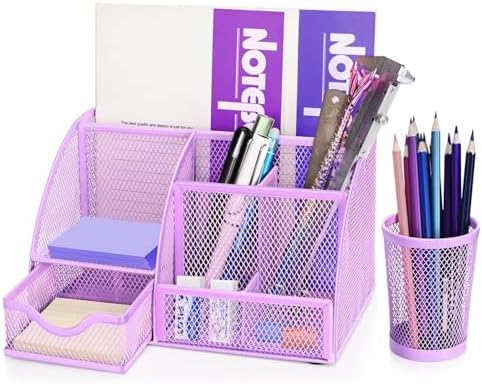 Flexzion Desk Caddy Organizer Set (Purple) - Metal Mesh Desktop Caddy with Drawers, 6 Compartments, and Pencil Holder for Women & Men - Desktop Organizer and Storage for Work or Office Supplies by Flexzion