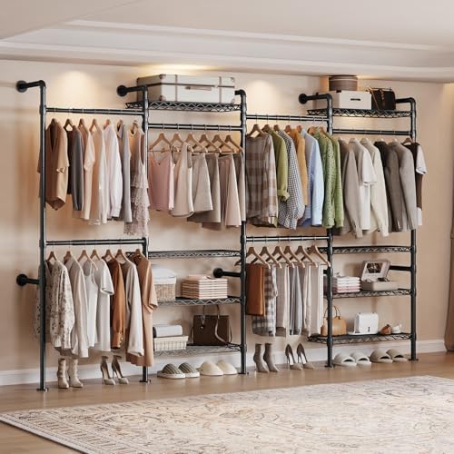 4-Bay Wall-Mounted Closet System, Expandable Industrial Pipe Clothing Racks by LEFURTURE