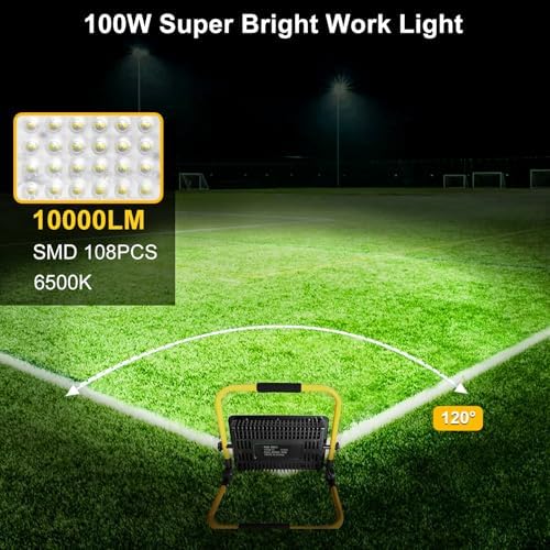 10000LM LED Work Light, 100W 6500K Portable Work Light with Stand, IP66 Waterproof Flood Light with 13.1FT Cord, Construction Lighting for Job Site Repairing Workshop Garage, Gifts for Men - Image 2