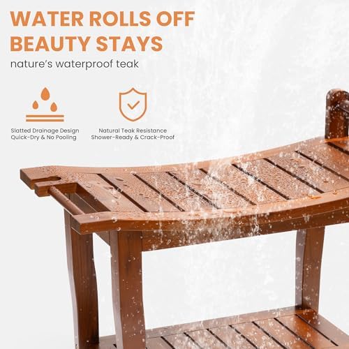 Axeman Premium Teak Shower Bench with Shelf – 24" 2-Tier Waterproof Shower Stool for Bathroom, Elderly & Shaving | Heavy-Duty 350lbs Capacity, Indoor & Outdoor Use - Image 4