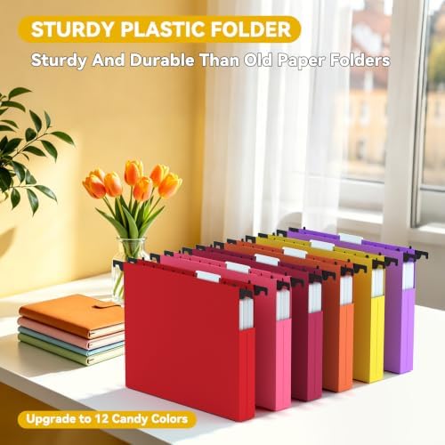 Plastic Hanging File Folders Letter Size,12 Pack Durable Filing Cabinet Folders with Tabs,1 inch Expanding Hang Folder for Home Office,Colored Heavy Duty File Folder Hangers for File Frame Box - Image 2