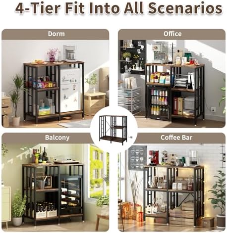 METYERRY Adjustable Kitchen Bakers Rack with Power Outlet,4-Tier Microwave Stand Kitchen Cart,Mini Fridge Stand with Storage,Bar Cabinet,Suitable for Office,Coffee Bar,Living Room,Patio,Rustic Brown - Image 5