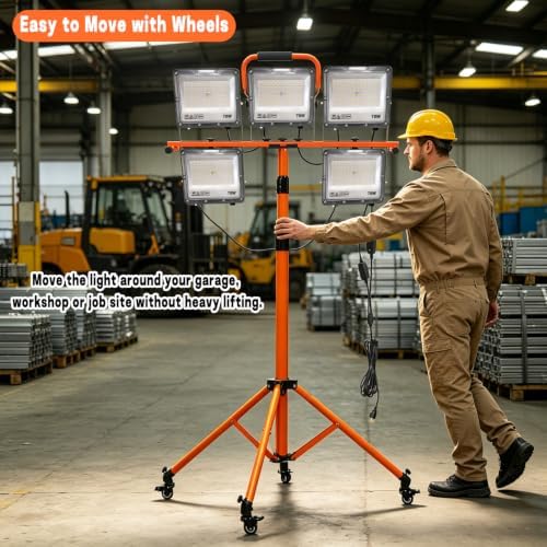Upgrade 35000 LM Work Lights with Stand, 5 Head Portable LED Work Light with Adjustable Tripod Stand and Wheels, IP66 Waterproof, Worklight for Indoor Garage Job Site Workshop Construction Site - Image 4