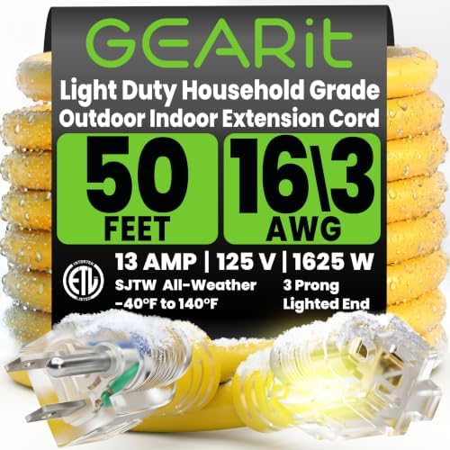GEARit 50 Ft 16 Gauge Extension Cord SJTW OFC Copper ETL 13A 125V Grounded by GEARit
