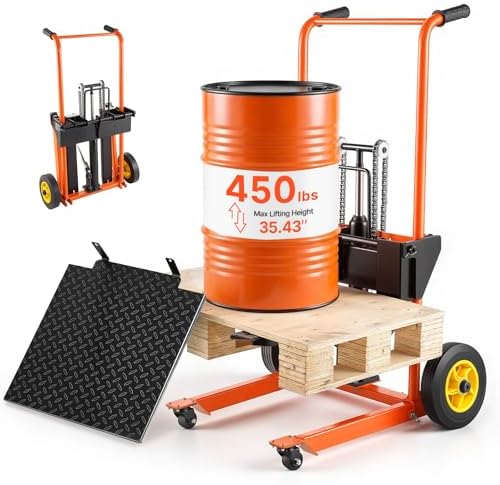 VEVOR Hydraulic Material Lift Winch Stacker, 450 lbs Load Capacity, 35.4'' Max Lifting Height, Pallet Truck Dolly with Fork Lift Table, Foldable & Portable Pallet Jack Table Cart, Orange & Black by VEVOR