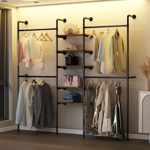 Industrial Pipe Clothing Racks with 5 Shelves, Wall Mounted Clothes Rack for Hanging Clothes, Black Wall Clothing Rack, Heavy Duty Clothes Rack for Walk in Closet, Laundry Room by Unknown