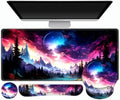 Gaming Mouse Pad, Large Desk Mat, Cute Desk Pad Protector, 4in1 XXL Mousepad + Keyboard Wrist Rest+Mouse Wrist Rest+Coaster Set with Ergonomic Desk Pad for Home Office Table Computer, Purple Hill by ToLuLu