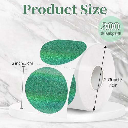 2 Inch Holographic Thermal Labels,Green Round Thermal Printer Labels,Printable Round Thermal Printer Labels Self-Adhesive Direct Thermal Label(300 Labels/Roll Green) - Image 2