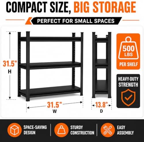 Metal Garage Shelving Unit, Heavy Duty Adjustable Storage Shelves, Steel Shelving, 1500 lbs Capacity Shelves for Heavy Tools and Equipment, 3 Tier, 31.5" W × 13.8" D × 31.5" H - Image 2