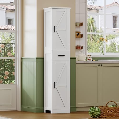 TEENFON 67 Tall Bathroom Cabinet with 6 Shelves & 1 Drawer, Narrow Storage Cabinet with Adjustable Shelves, Silm Cabinet for Living Room, Kitchen, White - Image 5