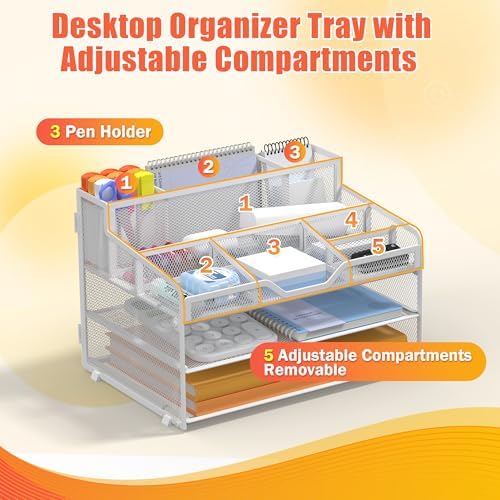 Docnest 3 Tier Mesh Desk Organizer with Letter Tray & Paper Sorter, White - Image 5