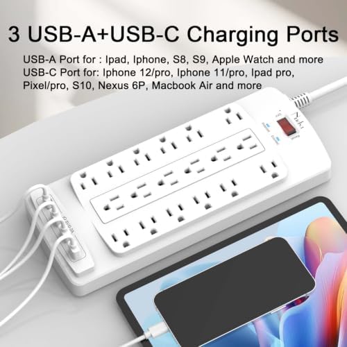 18 Outlets Surge Protector Power Strip - Nuetsa 6 Feet Flat Plug Heavy Duty Extension Cord with 18 Widely Outlets and 4 USB Ports, 2100 Joules, White, ETL Listed - Image 3