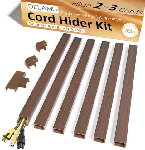 Delamu Cord Hider, 85in Cord Covers for 2-3 Wires on Wall, Self-Adhesive Cable Hider, PVC Wire Hiders Wire Covers for TV Cords on Wall, Easy Mount Cable Cover Raceway Kit, W0.95 H0.55in, Cherrywood by DELAMU