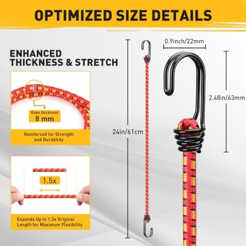 24" Elastic Bungee Cords with Hooks: 10 Pcs Bungee Cords Heavy Duty Outdoor, Bungie Cord Bundle Assortment with Metal Hook, Bungee Straps for Kayaking, Camping, Garage Storage - Image 2