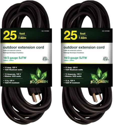 GoGreen Power Inc. (G-13725BK-2) 16/3 25' Heavy Duty Extension Cord - Black, 25ft, 2 Pack by PowerByGoGreen