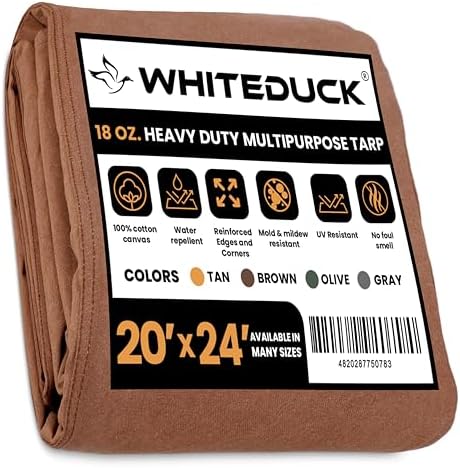 WHITEDUCK Canvas Tarp 18 oz. Heavy Duty Water Repellent UV Resistant, Rustproof Grommets, Industrial & Commercial Use Cloth Tarp (Cut Size: 20'x24', Finished Size: 19'6" x23'6", Brown) by WHITEDUCK