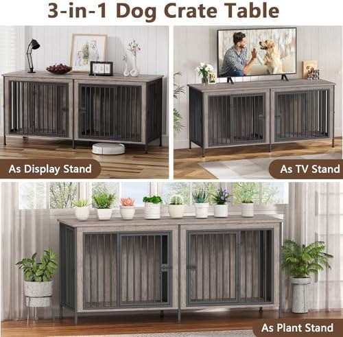 EasyCom 78.74" Dog Crate Furniture for 1 or 2 Dogs, 35-60 Pounds, Oak Grey - Image 5