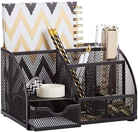 Annova Mesh Desk Organizer Office with 7 Compartments + Drawer/Desk Tidy Candy/Pen Holder/Multifunctional Organizer (Black) by LivingNecessities