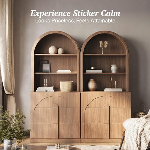 BELLEZE Arched Bookshelf with 3 Drawers Set of 2, 71" Tall Modern Wood Display Cabinet with Hutch, Modern Book Case Shelf with Storage Versatile Cupboard for Living Room Office, Camel - Image 3
