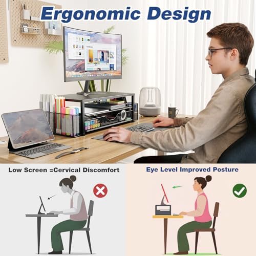 OPNICE Desk Organizer and Accessories, 2-Tier Computer Monitor Stand Riser with Drawer and 2 Pen Holders, Laptop Stand, Office Desk Accessories for Office Supplies, Brown - Image 6