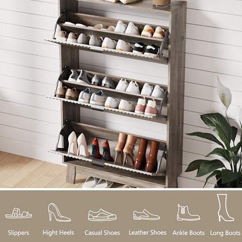 Shoe Cabinet Storage for Entryway with 3 Flip Drawers, Fluted Narrow Shoe Organizer with Wooden Legs, Freestanding Slim Shoe Storage Hidden Shoe Rack Organizer for Front Door Entrance, Hallway, Grey - Image 3