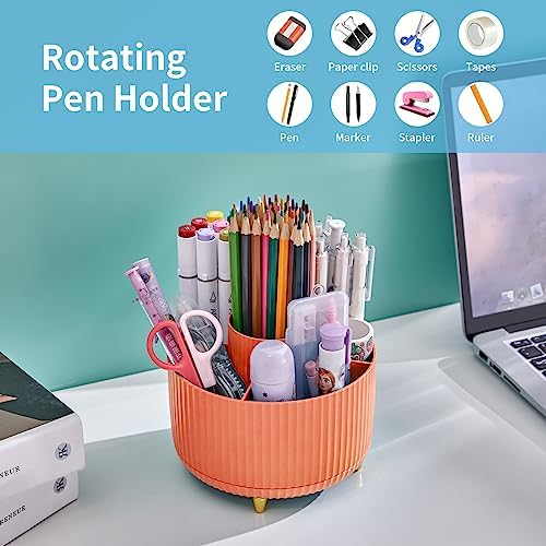 Marbrasse Desk Organizer, 360-Degree Rotating Pen Holder, Desk Organizers and Accessories with 5 Compartments Pencil Holder, Art Supply Storage Box Caddy for Office, Home（Orange） - Image 3