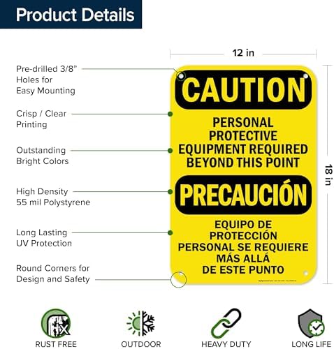 Caution Personal Protective Equipment Required Beyond This Point Bilingual Osha Sign, 12x18 Inches, 55 mil thick HDPS (high density polystyrene), Made in USA by My Sign Center - Image 6