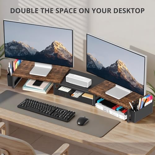 OPNICE Desk Organizers and Accessories, Dual Monitor Stand Riser with Drawer and 2 Pen Holders, Desk Shelf Computer Racks for Office Workspace Organizers, Desktop Organization (Rustic Brown) - Image 3