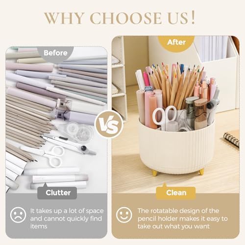 KONVINIT Pencil Pen Holder for Desk, 5 Slots 360 - Degree Rotating Desktop Organizer, Cute Desk Organizers and Accessories for School, Home, Office and Art Supply, Beige - Image 3