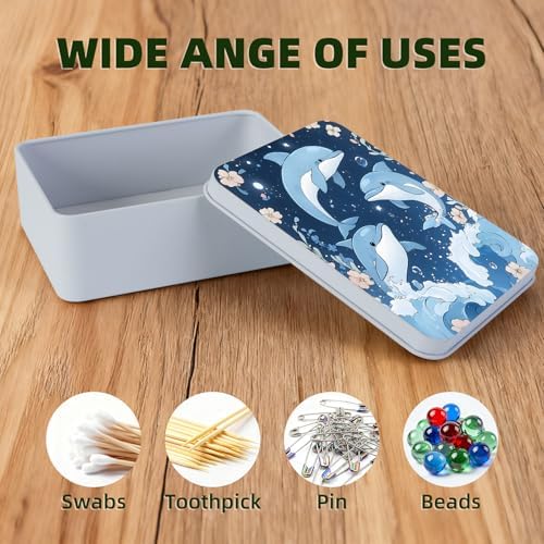 Small Metal Tins Box-4.7" x3.5"x1.6" Rectangular Empty Storage Box With Lid Decorative Organizer Storage Tin Case For Office/Cookie/Candy/Jewelry/Photo/Letter-Floral Dolphin - Image 3