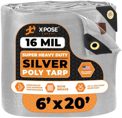 6' x 20' Super Heavy Duty 16 Mil Silver/Brown Poly Tarp Cover - Thick Waterproof, UV Resistant, Rip and Tear Proof Tarpaulin with Grommets and Reinforced Edges - by Xpose Safety by XposeSafety