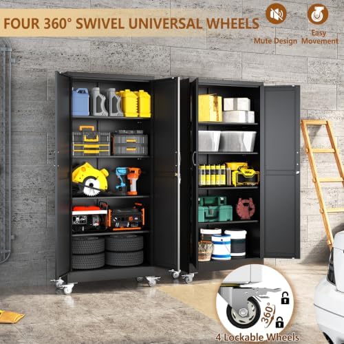 71" Metal Garage Storage Locker Cabinet with Wheels,Rolling Black Farmhouse Kitchen Pantry Cabinet with 2 Doors and 4 Adjustable Shelves, Steel File Tool Cabinet for Home Office Warehouse - Image 6