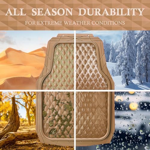 CAR PASS Heavy Duty Rubber Beige Car Floor Mats & Cargo Liners, Deep Dish All-Weather Trunk Mats Durable Anti-Slip 3D Rhombus Waterproof Trim to Fit Liner Universal Fit Auto,Sedan,SUV,Truck, Beige - Image 3