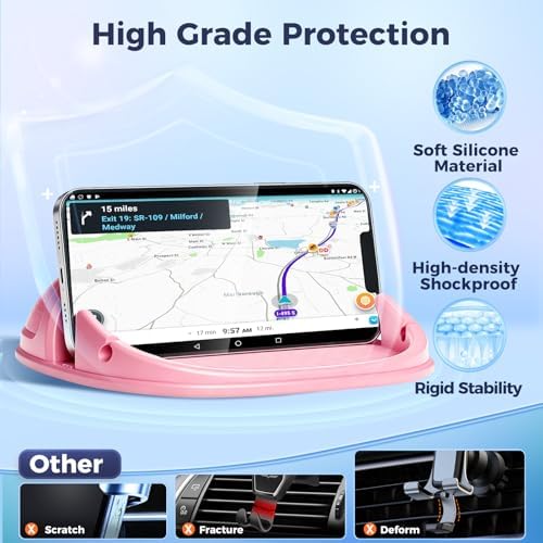 Loncaster Car Phone Holder, Car Phone Mount Silicone Car Pad Mat for Various Dashboards, Slip Free Phone Stand Compatible with iPhone, Samsung, Pink - Image 3