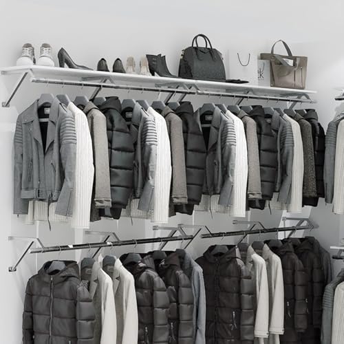 Wall Mounted Clothes Rack with Top Shelf, Heavy Duty Stainless Steel Industrial Clothing Rack ，Metal Shelf Multi-Purpose Hanging Rod，Space-Saving Closet Storage for Bedroom Laundry Room - Image 5