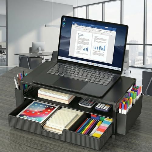 ECOLOVI Desk Organizer and Accessories, 2-Tier Computer Monitor Stand Rise with Storage Drawer & 2 Pen Holders, Laptop & Printer Stand for Desktop, Workspace Organizers for Office Supplies (Black 2-Pack)) - Image 4