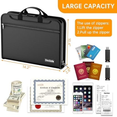 DocSafe Accordion File Organizer with Combination Lock,Fireproof Water Resistant Expanding File Folder with Multi Pockets,Document Organizer Home Office Travel Safe Storage for Letter Size Files,Black - Image 3