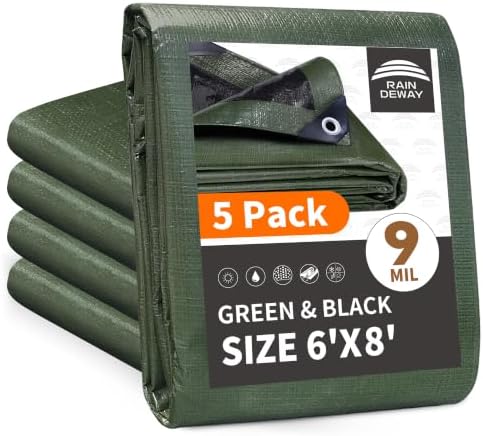 RAINDEWAY 6x8 Feet(5 Pack) Tarp Waterproof,9Mil Green/Black Tarps Cover by RAINDEWAY