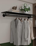 Black Clothes Rack 48in, Wall Mounted Garment Rack with Real Wood Shelf, Heavy Duty Hanging Clothes Rack, Multi-Purpose Hanging Rod, Space-Saving Closet Storage by INDUSTRIALSHELVESDESIGN