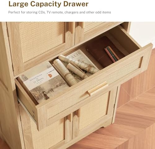 TEENFON 47.2" H Tall Storage Cabinet with Adjustable Shelf, Rattan Cabinet, Cupboard for Living Room, Dining Room, Entryway, Home Office, Natural - Image 6