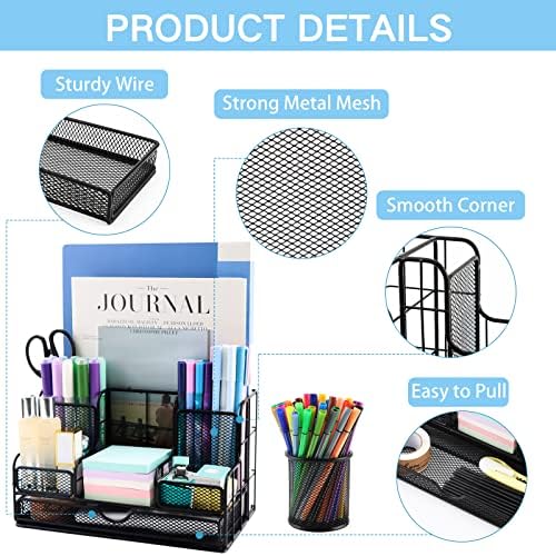 Desk Organizers Caddy and Accessories with 7 Compartments + Pen Holder / 72 Clips Set, Drawer, Black Mesh Office Supplies Desktop Organizer for Home, Office Ect - Image 3