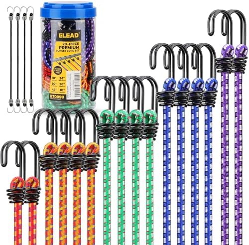Bungee Cords Heavy Duty Outdoor: 20 Pcs Premium Rubber Bungee Cords with Hooks in a Storage Jar Includes 10", 18", 24", 30", 36", 48" Bungee Cord for Camping, Tent, Fastening Items by ELEAD