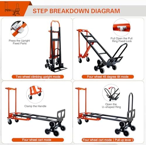 3 in 1 Stair Climbing Dolly Cart with Wheels,1000LBS(Orange) - Image 4