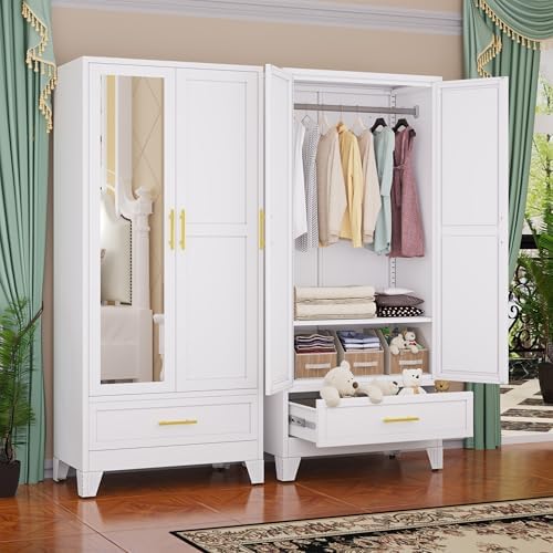 GAIOUS Steel Armoire WardrobeCloset with Mirror Door and Drawer 71" White by GAIOUS