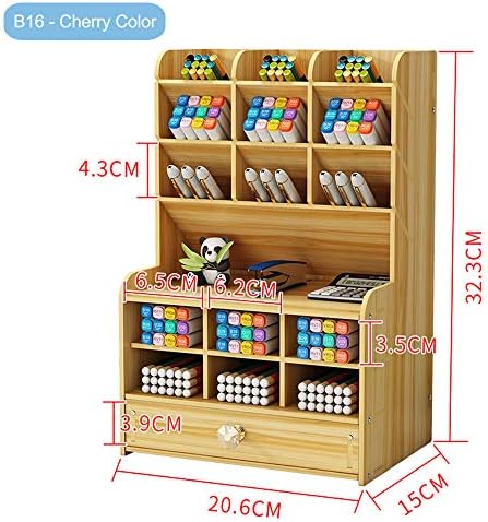 Hggzeg Wooden Desk Organizer with Drawer, Large Capacity DIY Pen Holder Storage Box Desktop Stationary Storage Rack, Pen Organizer Caddies for Office, Home and School Supplies (B16-Cherry Color) - Image 7
