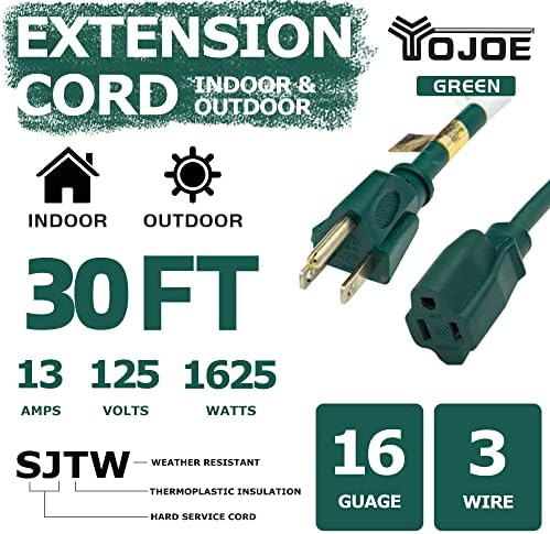 YOJOE Indoor Outdoor Extension Cord, 3 Prong 13A Weatherproof Power Cord, 16 Gauge Heavy Duty 30 ft Green Extension Cord for Garage, Garden and Home, 16/3 SJTW UL Certified - Image 2