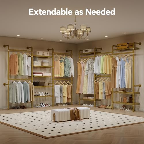 Higeego W3 Wall Mounted Clothes Rack, Industrial Pipe Clothing Rack, Gold - Image 3