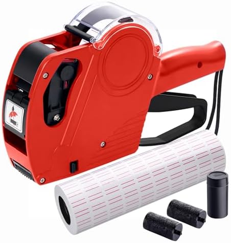 MX5500 Pricing Tag Gun with 5500 pcs White Label Gun Stickers & 3 Extra Inker Rollers, Pricing Label Gun, 8 Digits Retail Pricing Gun and Labels for Grocery Store, Food (Red) by KPX