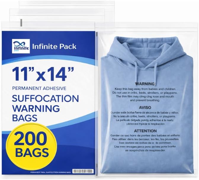 Infinite Pack 11” X 14” 1000 CT Self Seal Clear Poly Bags with Suffocation Warning for Packaging, T Shirts & FBA Permanent Adhesive by InfinitePack